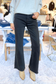 Garment Washed Frayed Cutoff Hem Straight Wide Pants, Black