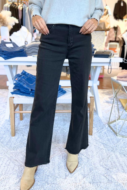 Garment Washed Frayed Cutoff Hem Straight Wide Pants, Black