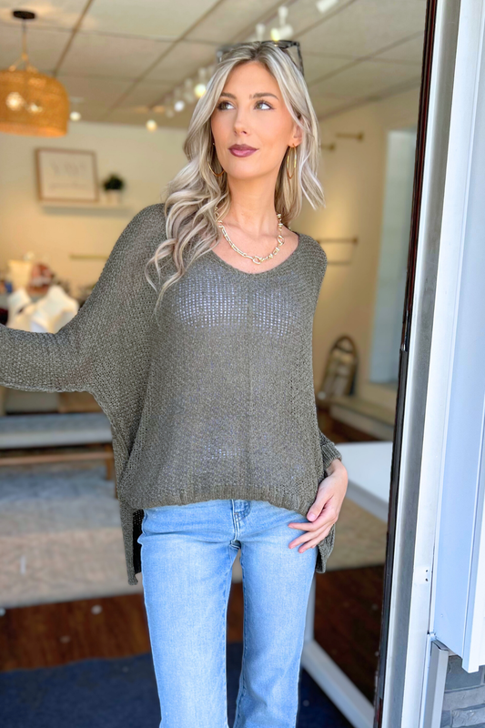 ADORA - Loose Fit V-Neck Boyfriend Sweater, Olive