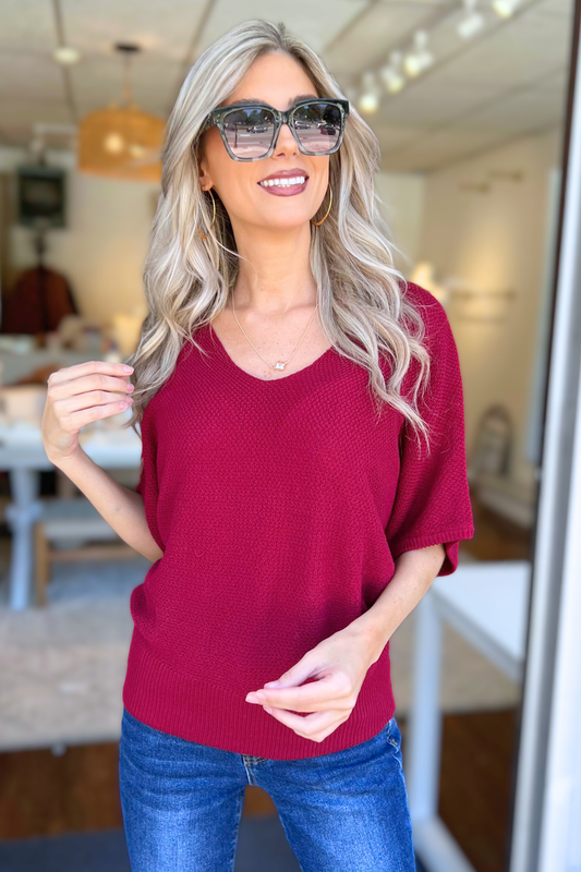 V-Neck Short Sleeve Dolman Sweater by Zenana