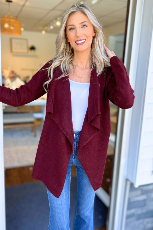 Mak - Long Sleeve Open Front Draped Sweater Cardigan, Burgundy