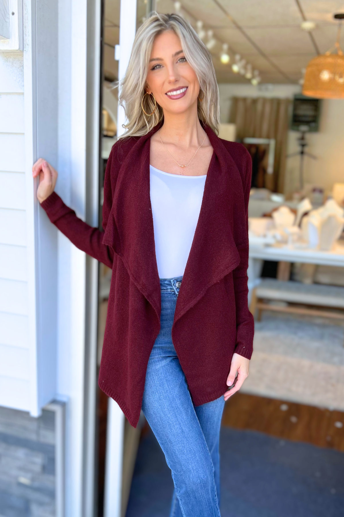 Mak - Long Sleeve Open Front Draped Sweater Cardigan, Burgundy