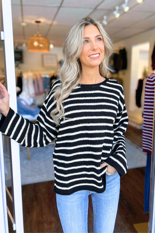 Blu Pepper - Stripe Boat Neck Drop Shoulder Knit Sweater, Black
