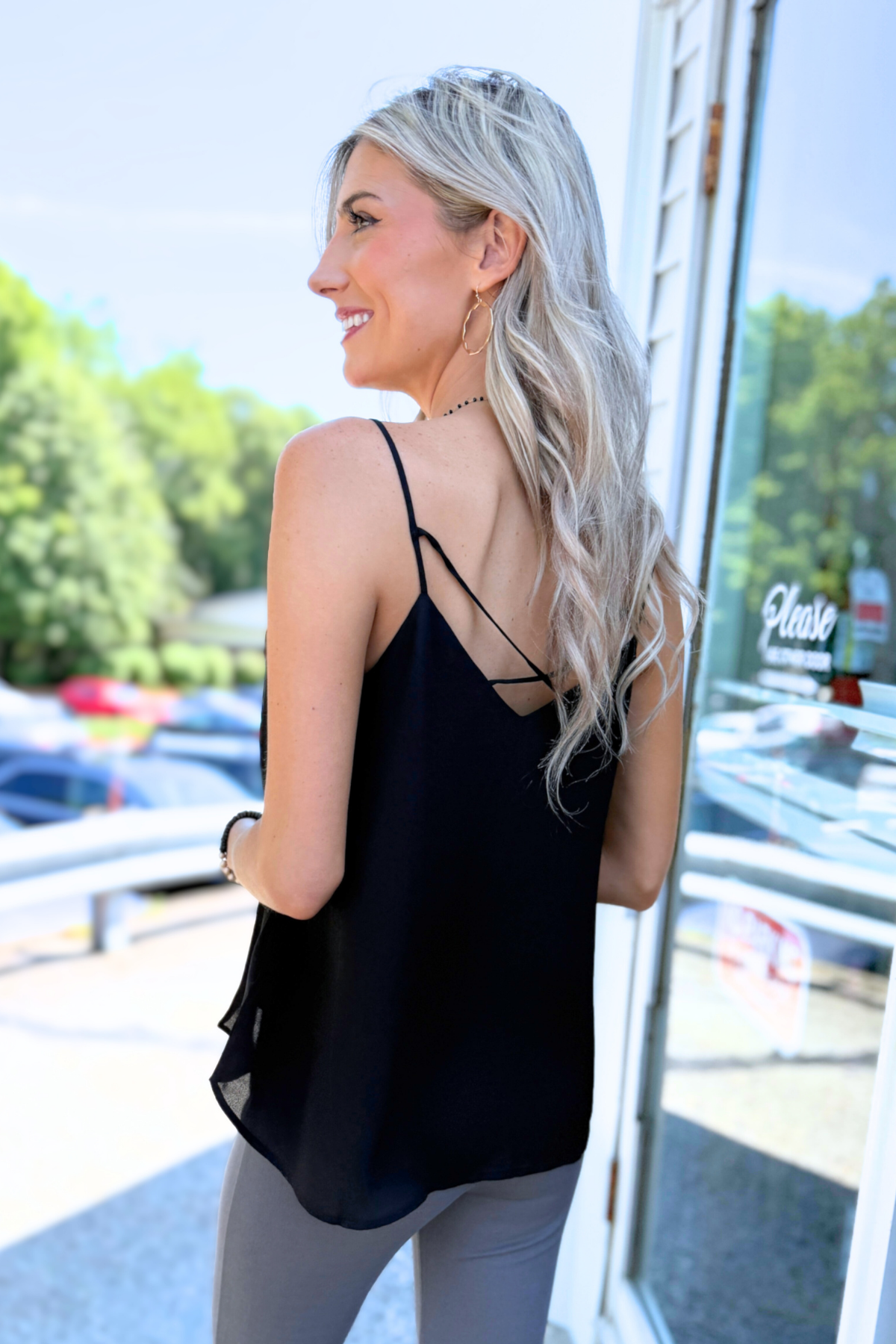 Active Basic | Active USA - V-neck with back Cross Strap Woven Cami Top