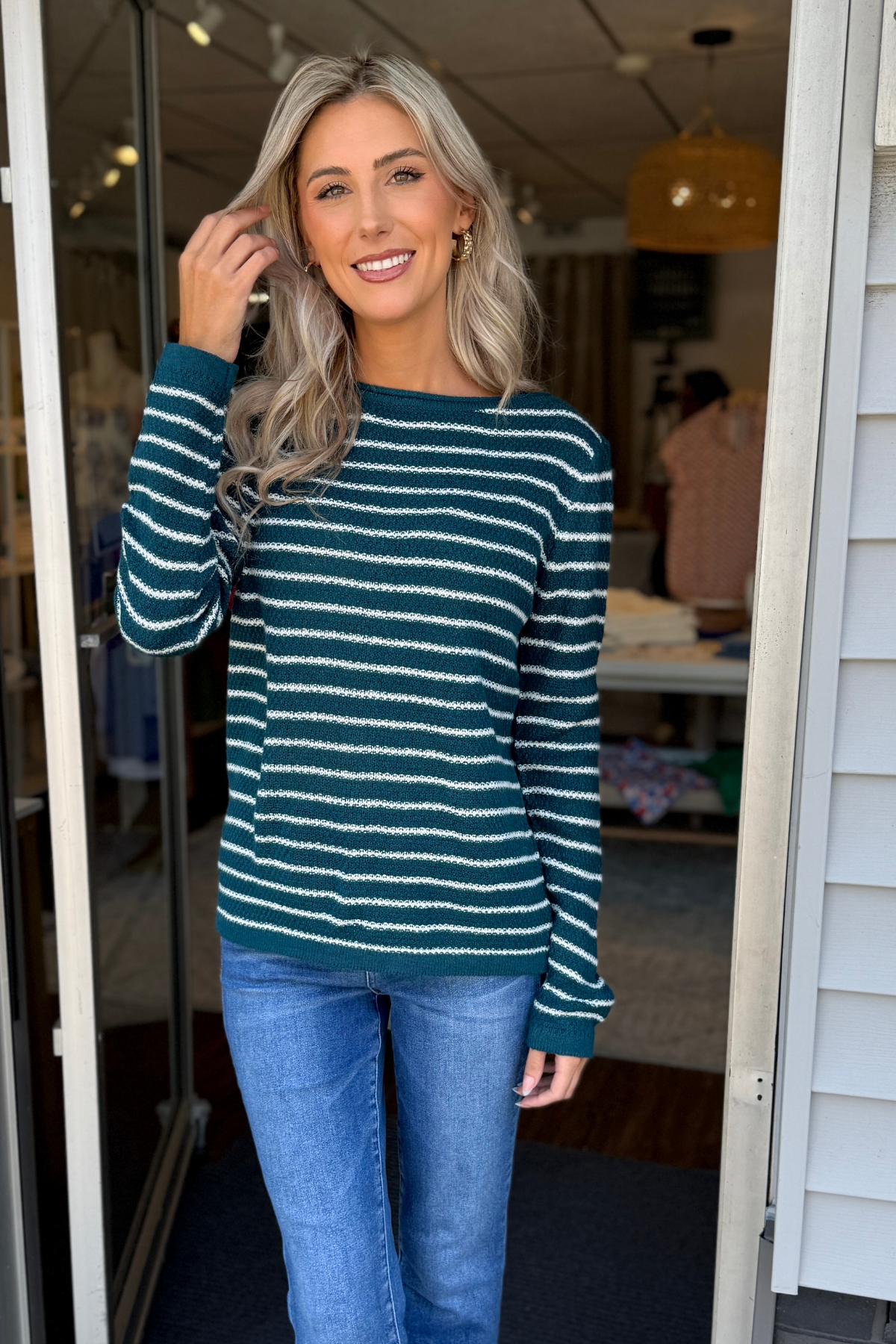 STACCATO - STRIPED WAFFLE SWEATER : TEAL