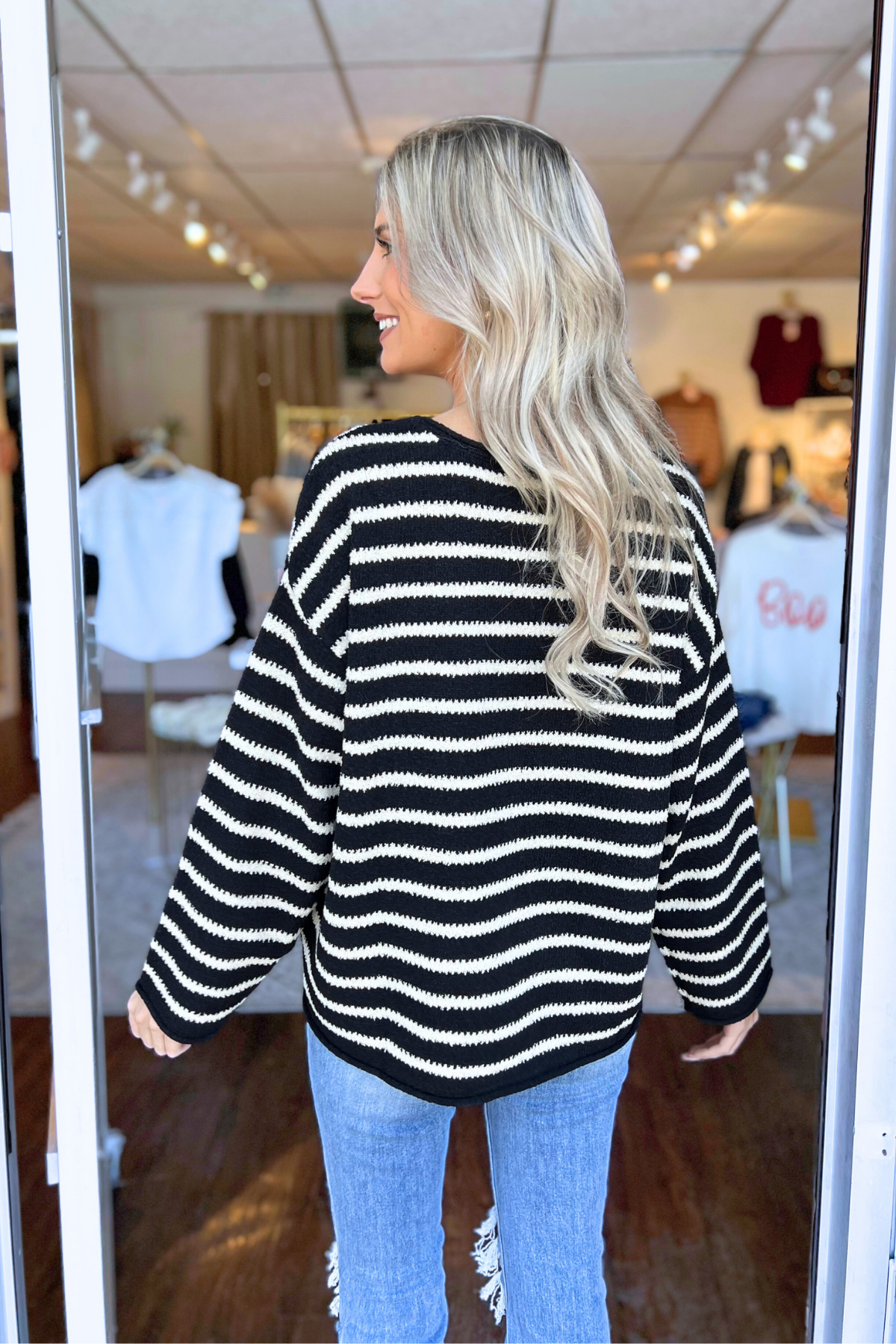 Blu Pepper - Stripe Boat Neck Drop Shoulder Knit Sweater, Black