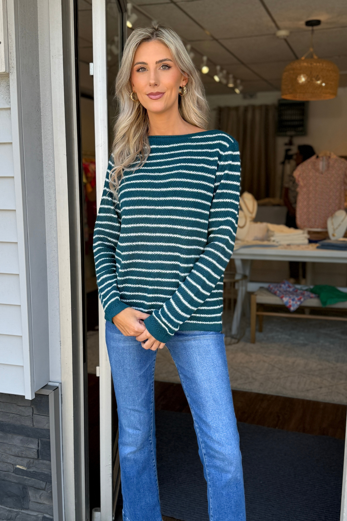 STACCATO - STRIPED WAFFLE SWEATER : TEAL