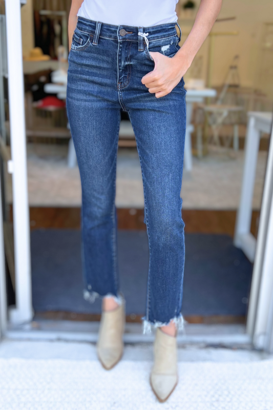 VERVET by FLYING MONKEY - HIGH RISE FRAYED HEM KICK FLARE JEANS T5414