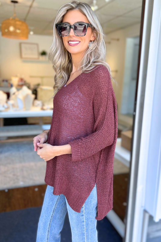 ADORA - Loose Fit V-Neck Boyfriend Sweater, Burgundy