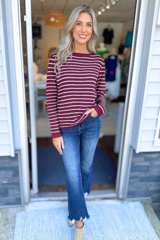 STACCATO - STRIPED WAFFLE SWEATER : BURGUNDY