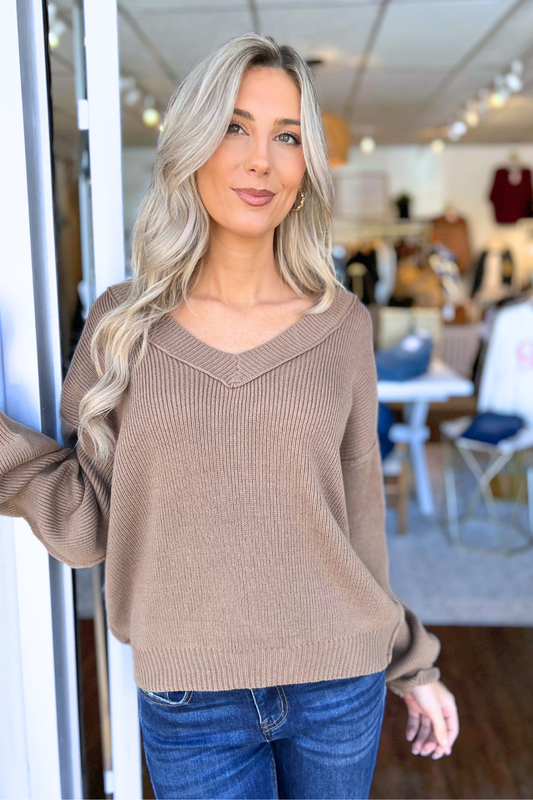 Blu Pepper - Exposed Seam V Neck Pullover Knit Sweater, TAN