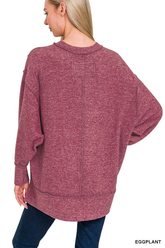 Brushed Melange Hacci Oversized Sweater, Eggplant  (SHIPS IN 1-2 WEEKS)