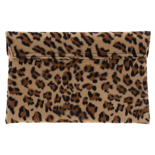 JNBFASHION.COM - Faux Fur Leopard Print Double Pocket Clutch