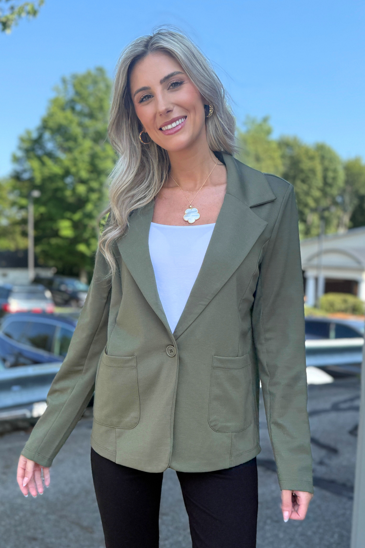 26 International - Ponte One Button Front /w Patch Pocket Blazer, Olive/Sage