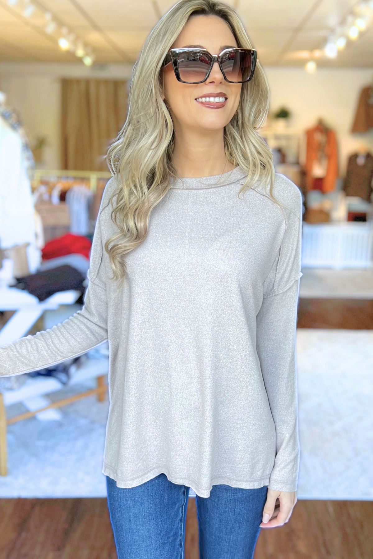 Soft Melange Hacci Exposed Seam Top, Ash Mocha  (SHIPS IN 2-3 WEEKS)