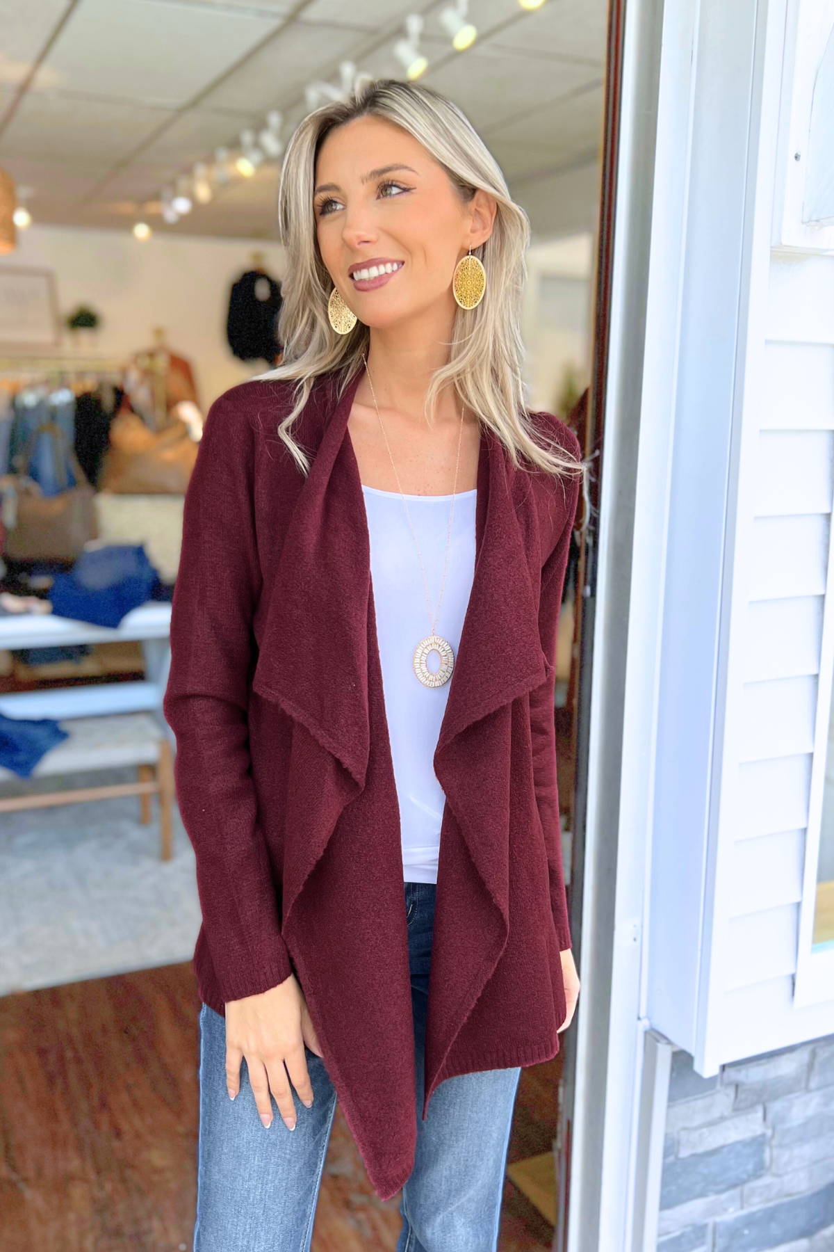 Mak - Long Sleeve Open Front Draped Sweater Cardigan, Burgundy