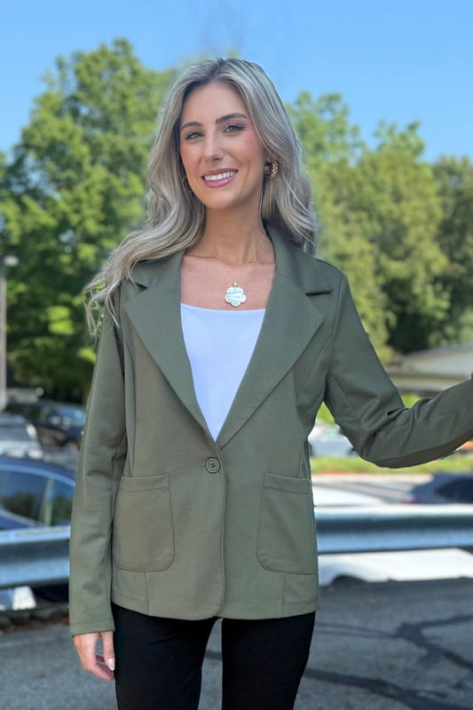 26 International - Ponte One Button Front /w Patch Pocket Blazer, Olive/Sage