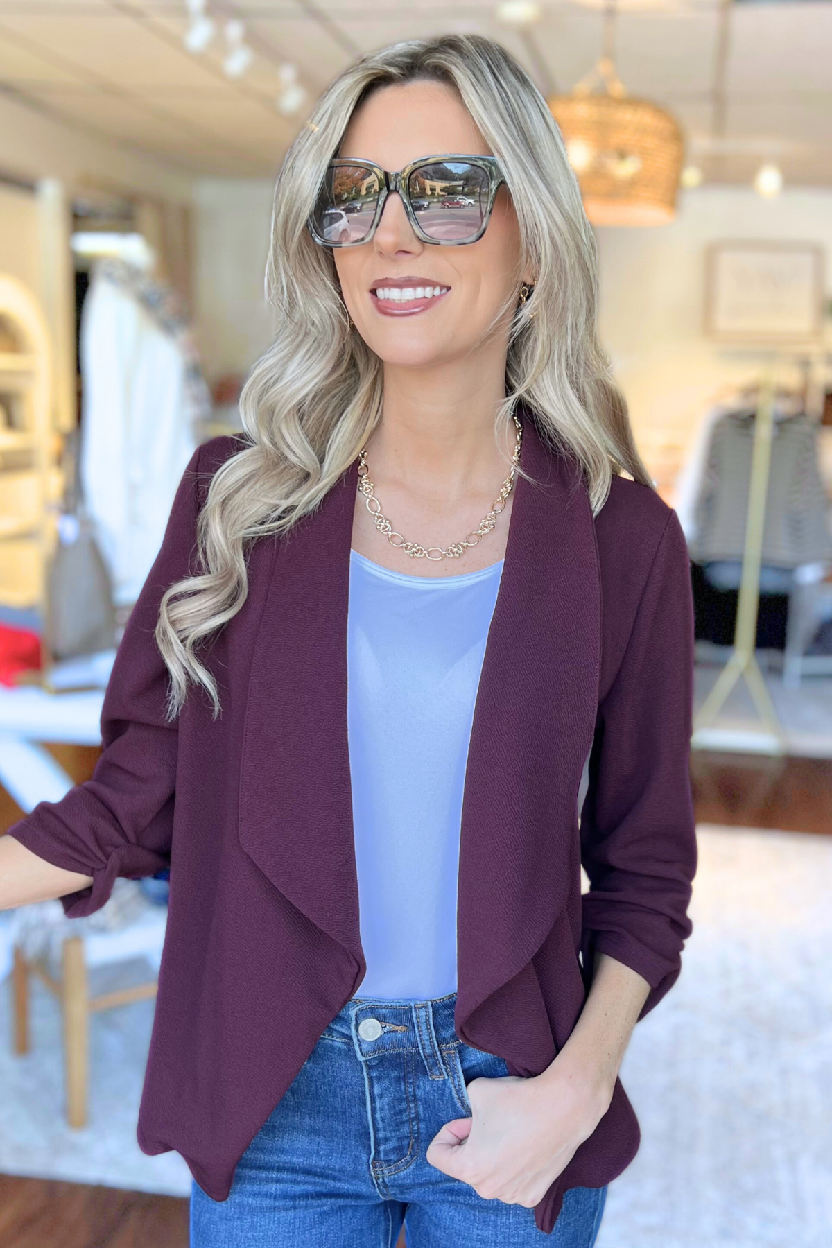 MOA COLLECTION - Casual Open Front Draped Solid Blazer Jacket, PLUM (SHIPS IN 2-3 WEEKS)