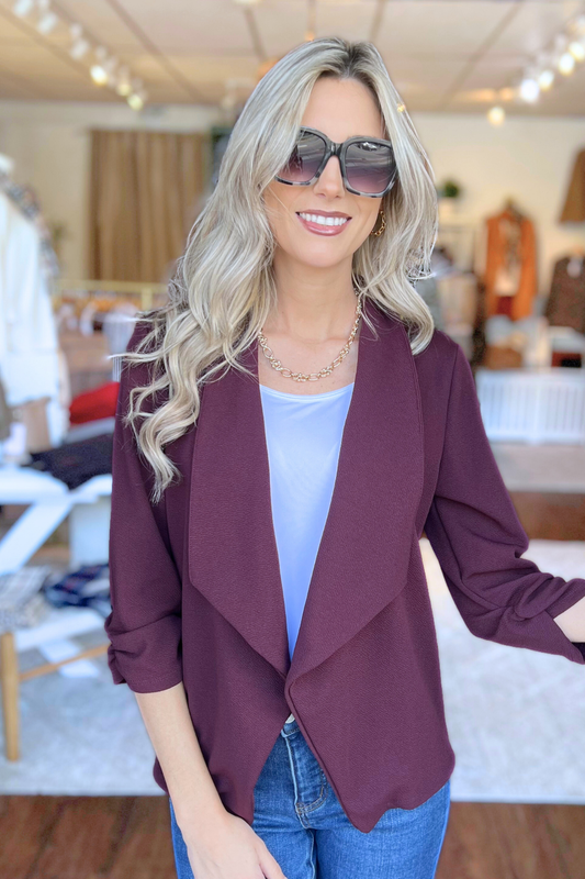MOA COLLECTION - Casual Open Front Draped Solid Blazer Jacket, PLUM (SHIPS IN 2-3 WEEKS)