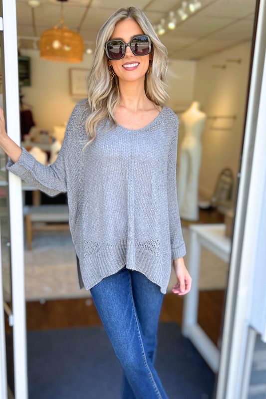 ADORA - Loose Fit V-Neck Boyfriend Sweater, Charcoal Grey