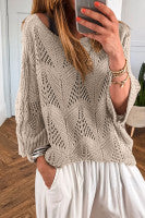 Hollow Out Knit 7/8 Sleeve Casual Sweater, Parchment Grey