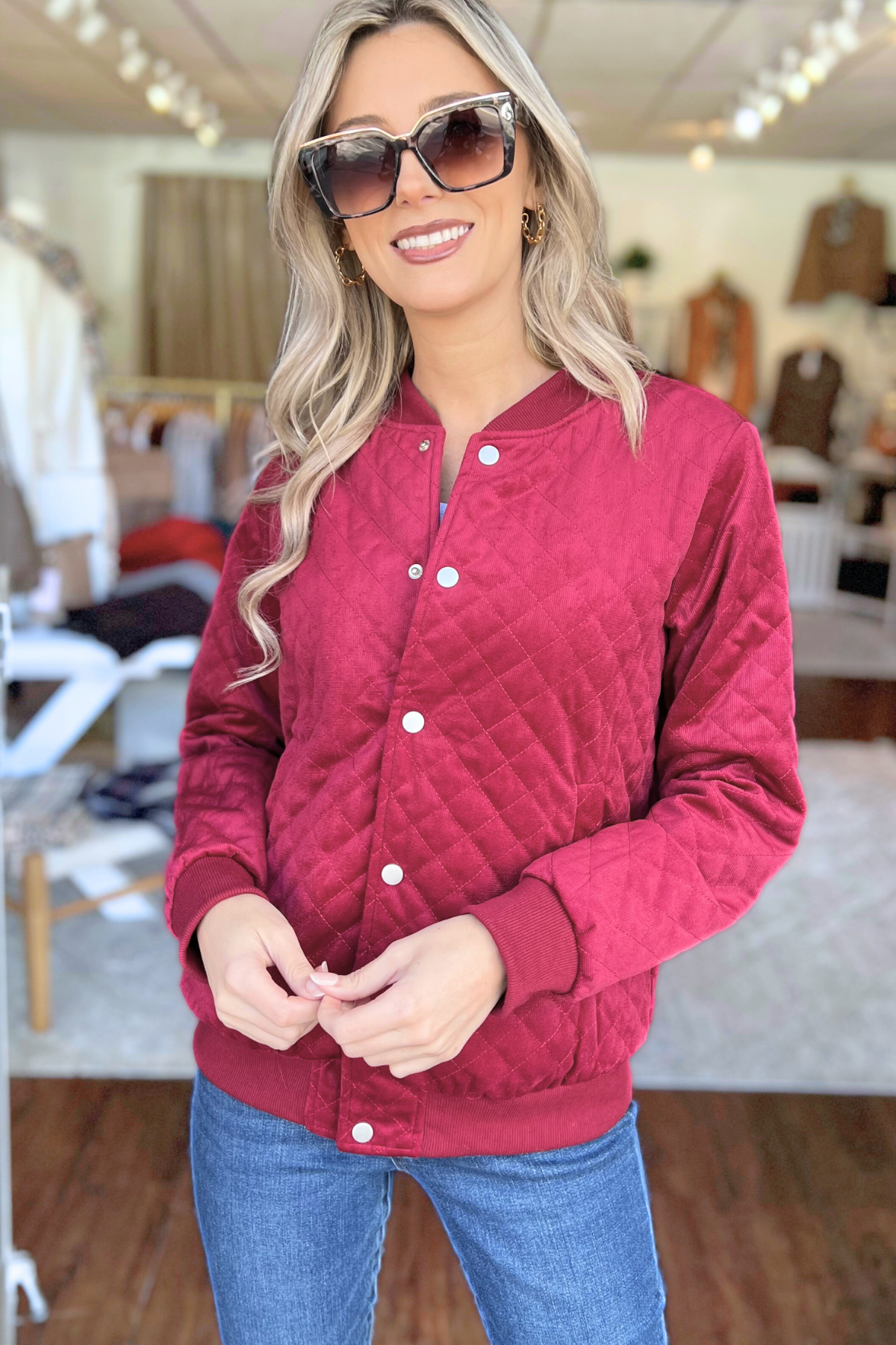 Quilted Charm Pockets Jacket, Wine