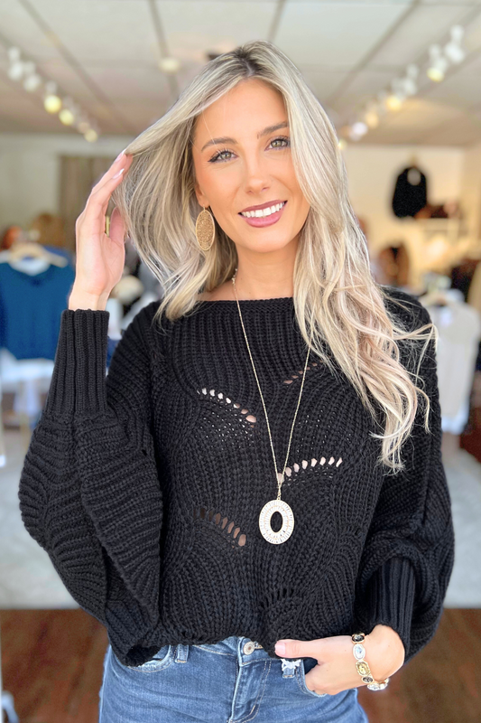 Open Knit Loose Knit Dolman Sweater, Black  (SHIPS IN 1-2 WEEKS)