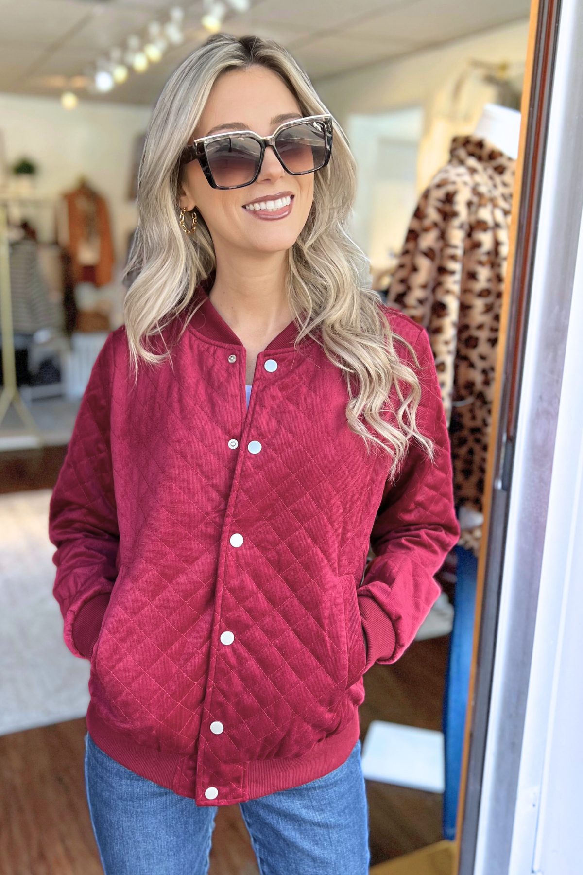 Quilted Charm Pockets Jacket, Wine