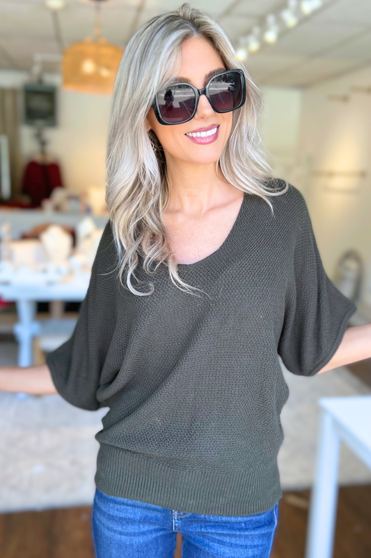 V-Neck Short Sleeve Dolman Sweater by Zenana, Dk Olive