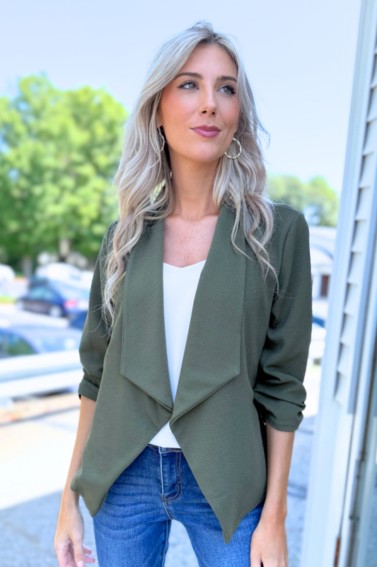 MOA COLLECTION - Casual Open Front Draped Solid Blazer Jacket, Olive
