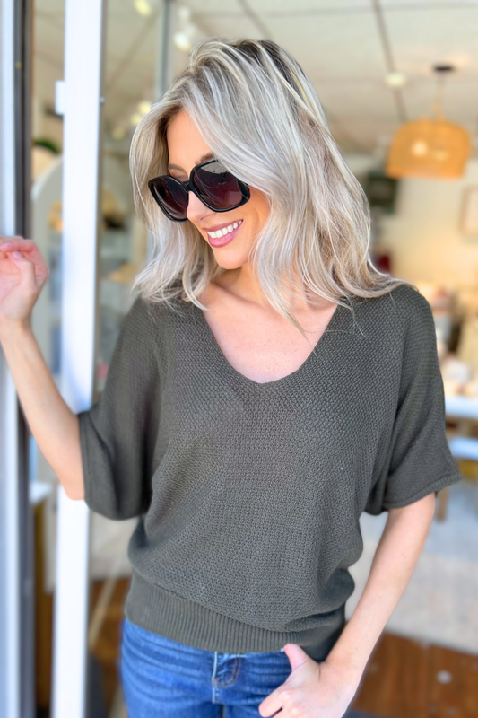 V-Neck Short Sleeve Dolman Sweater by Zenana, Dk Olive