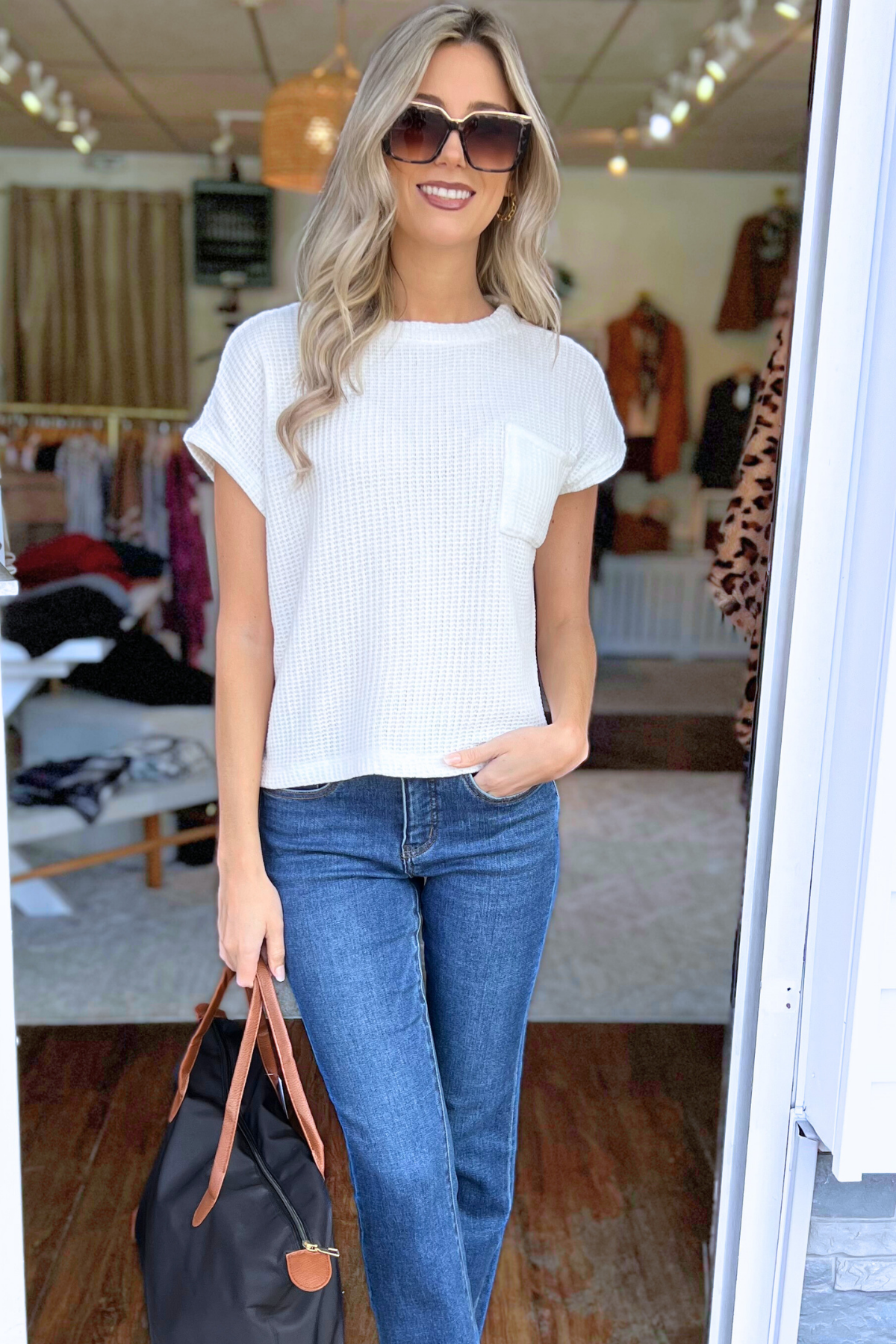 Chenille Waffle Short Sleeve Sweater, Ivory (SHIPS IN 2-3 WEEKS)