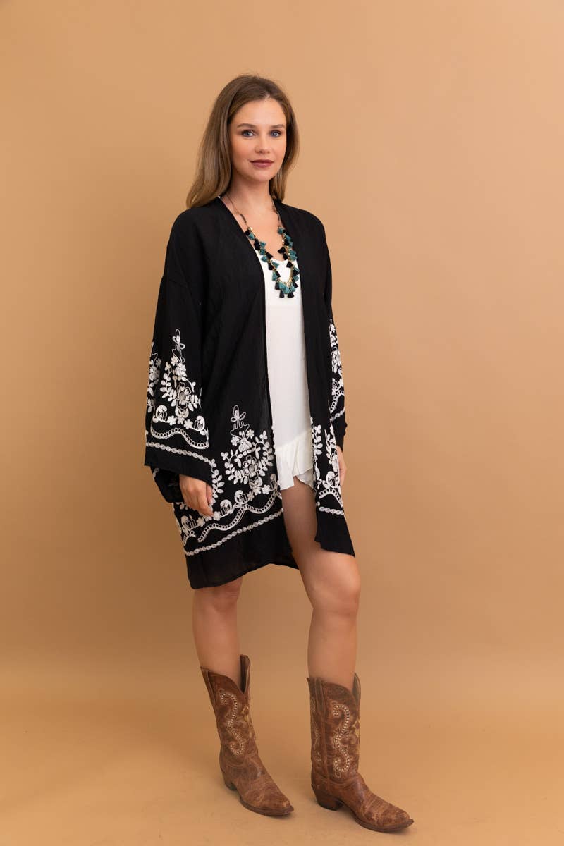 Leto Accessories - Embroidered Floral Vine Lightweight Kimono - Bell Sleeves