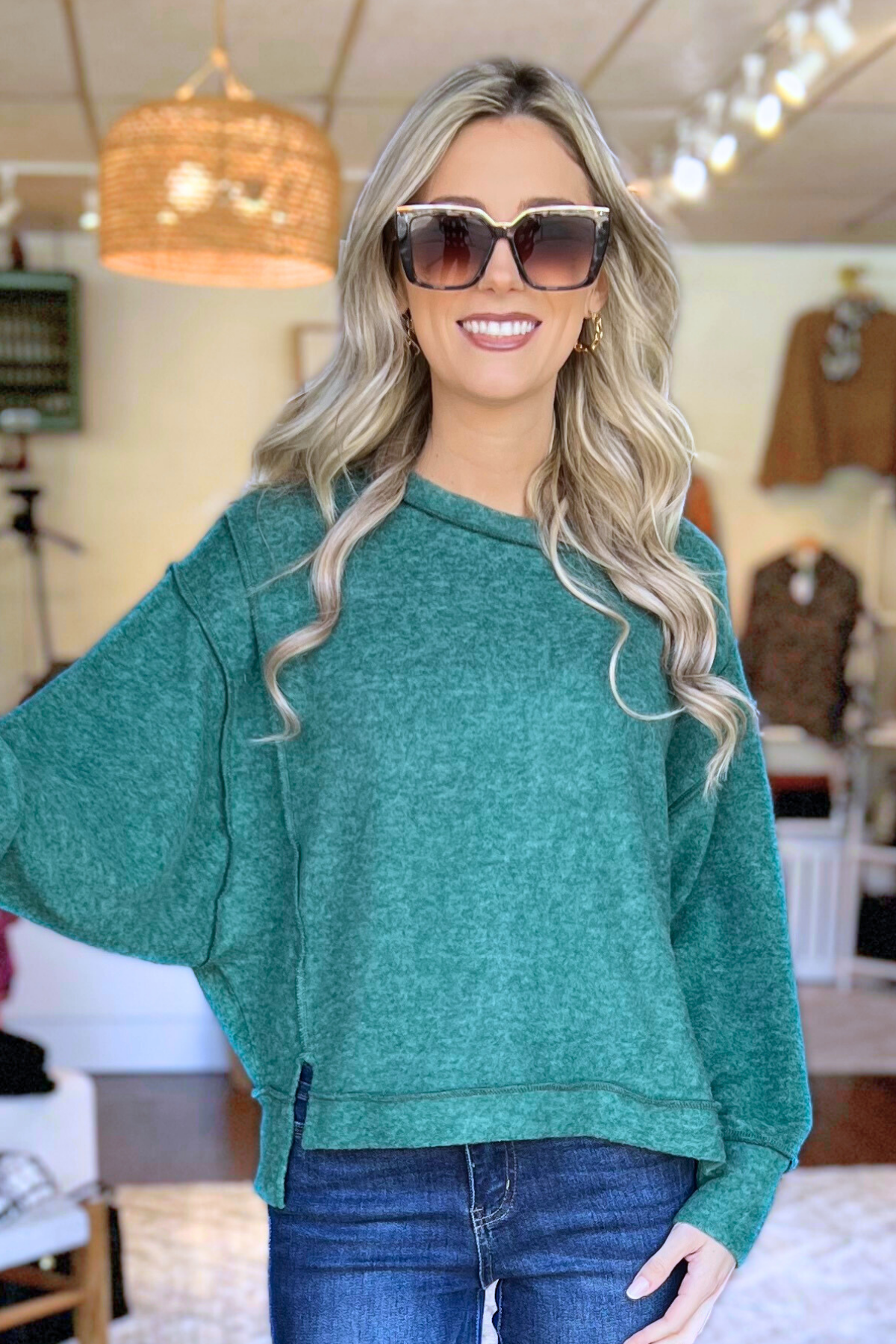 The Erin, Brushed Melange Shorter Length, Hacci Sweater, Dk Green (SHIPS IN 2-3 WEEKS)