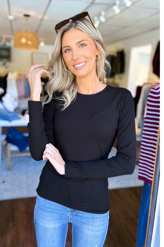 Pure Comfort Viscose Ribbed Long Sleeve Top, Black (SHIPS IN 2-3 WEEKS)