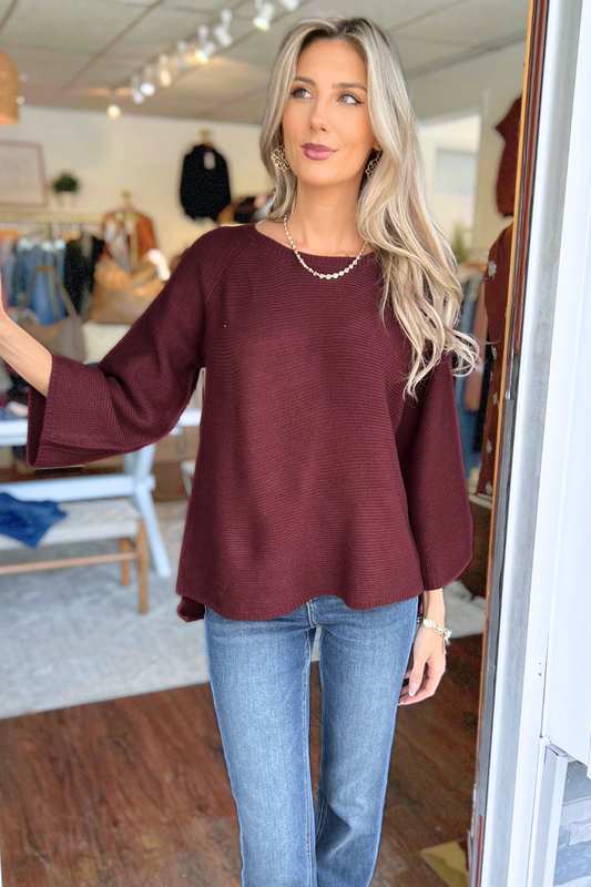 Mak - Boat Neck Bell Sleeve Pullover Sweater, Burgundy