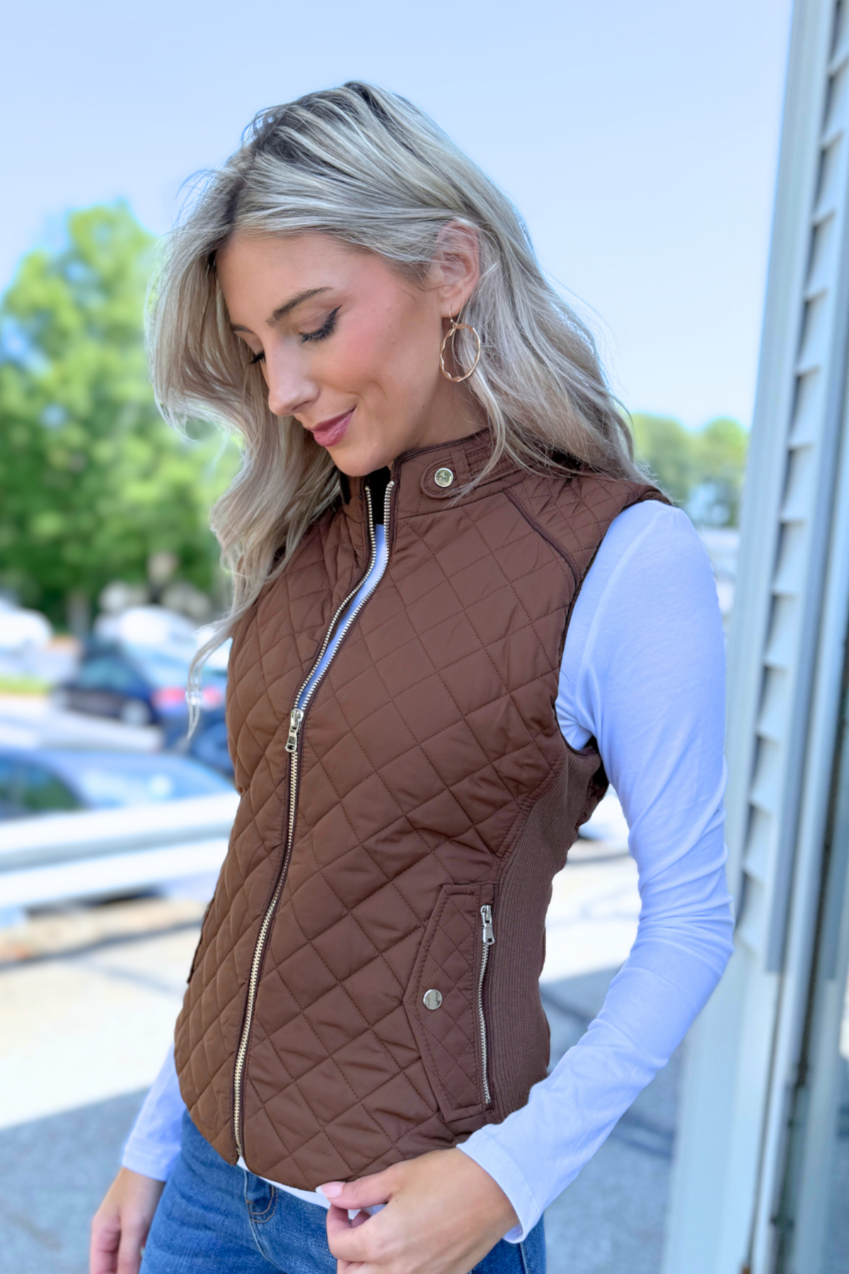 Active Basic | Active USA - Suede Piping Detail Rib Quilted Padding Vest (Ships in 1 week)