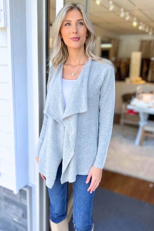 Mak - Long Sleeve Open Front Draped Sweater Cardigan, Grey