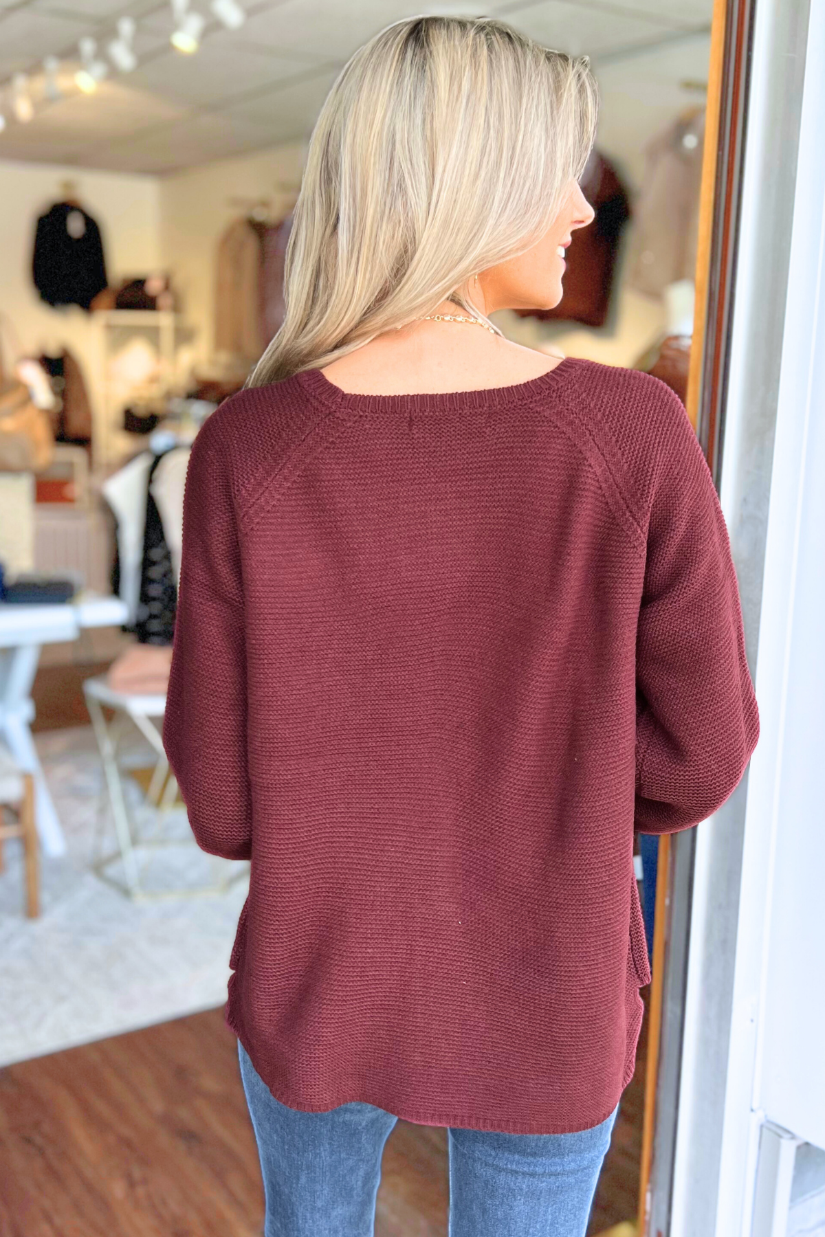 Mak - Boat Neck Bell Sleeve Pullover Sweater, Burgundy