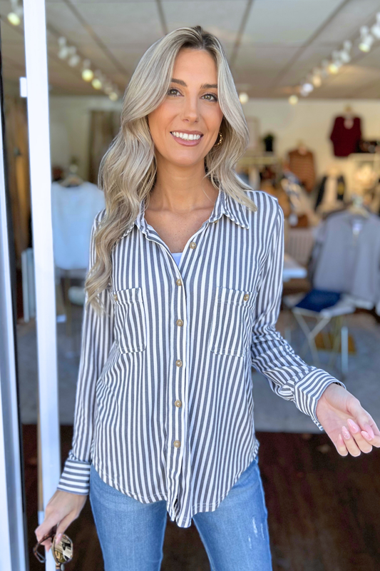 Blu Pepper - STRIPE COLLARED LONG SLEEVE BUTTON DOWN SHIRT, Black