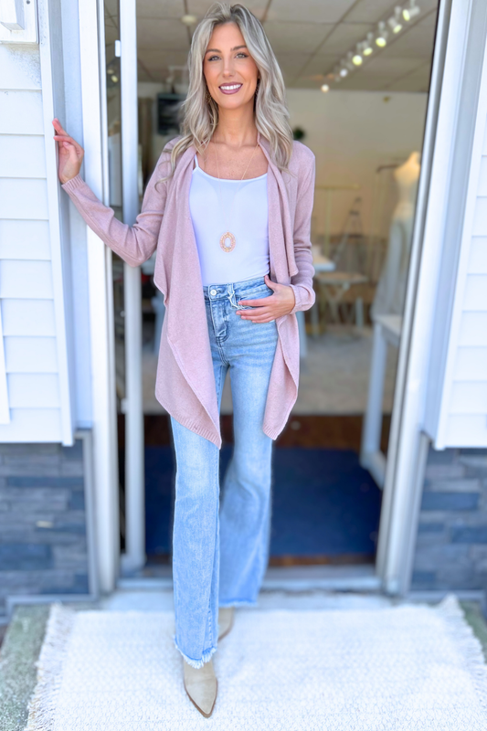 Mak - Long Sleeve Open Front Draped Sweater Cardigan, Mauve