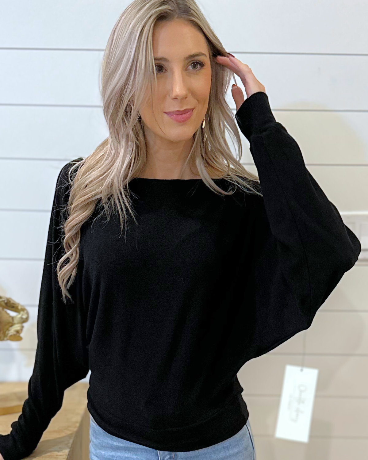 Boatneck Crepe Hacci Dolman Top, Black