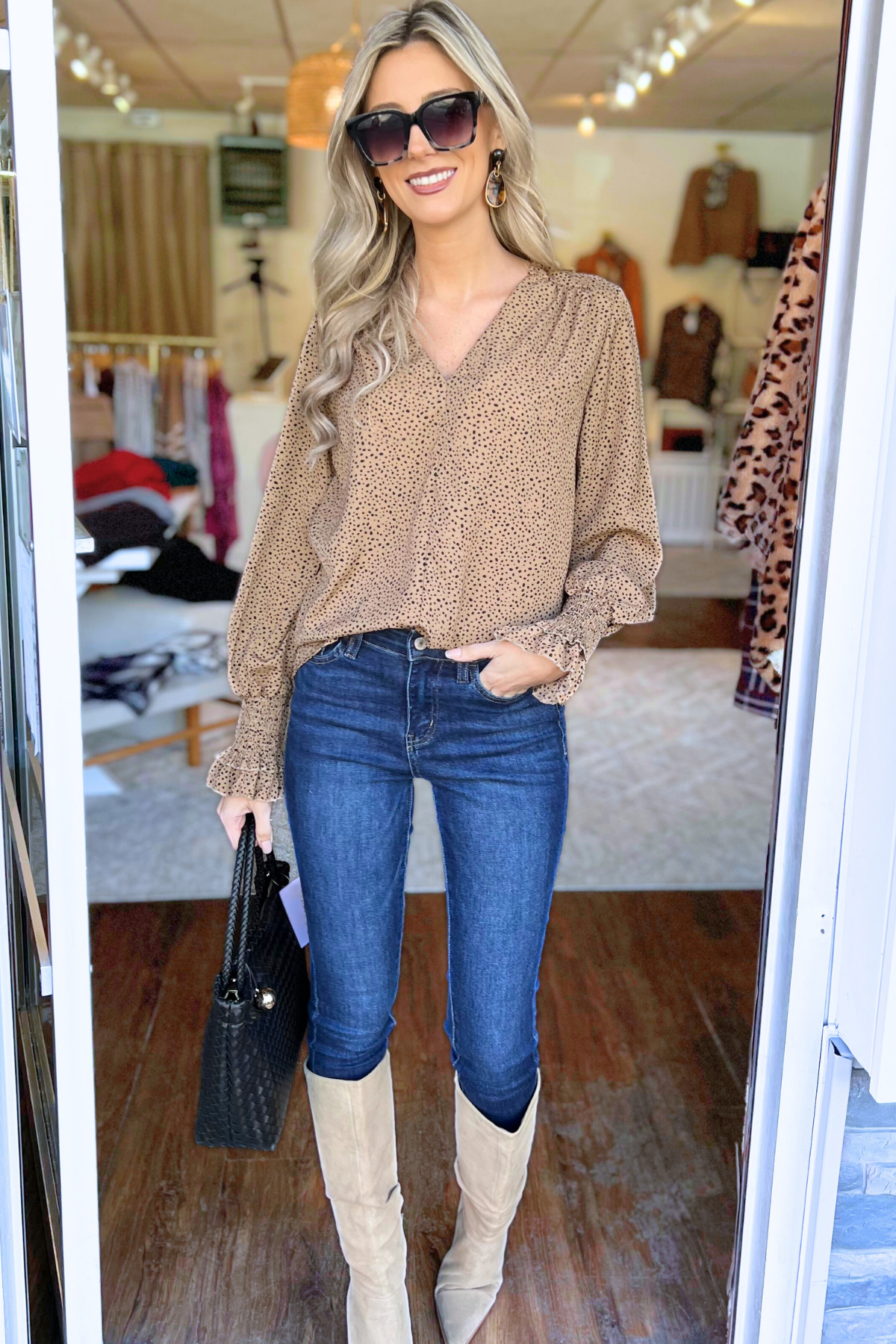 V-Neck Dalmatian Print Bishop Sleeve Blouse