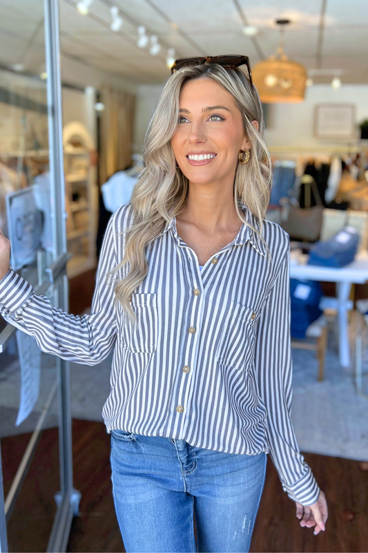 Blu Pepper - STRIPE COLLARED LONG SLEEVE BUTTON DOWN SHIRT, Black