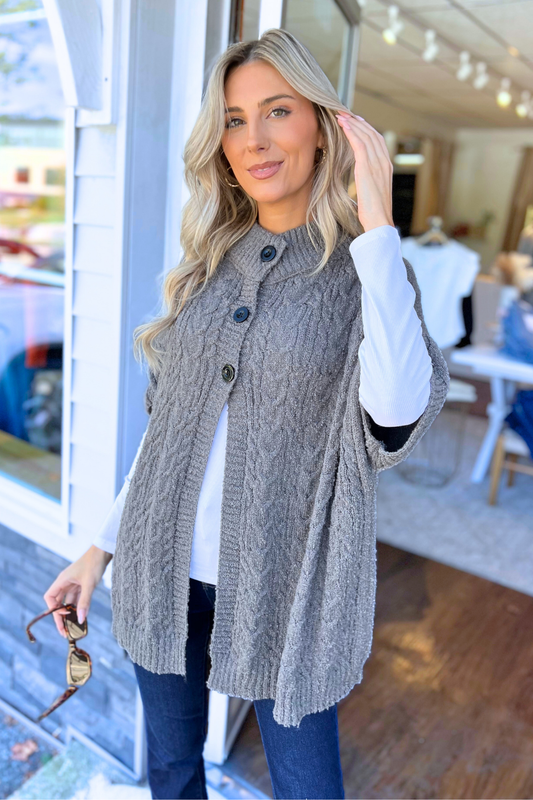 Button Front Cardigan/Poncho, Charcoal  (SHIPS IN 2-3 WEEKS)