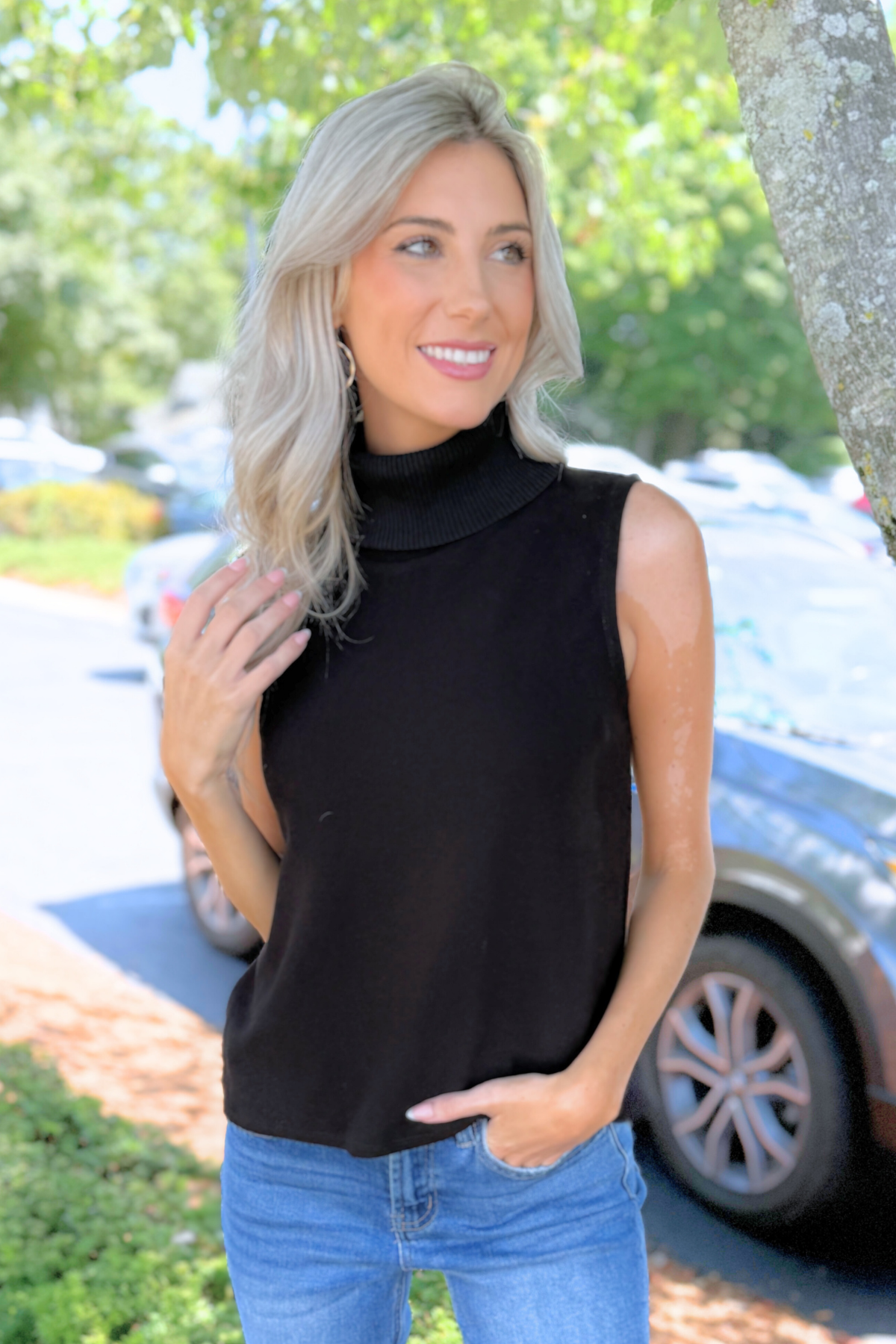 Active Basic | Active USA - Sleeveless Turtle Neck Soft Knit Top, Black (Ships in 1 week)