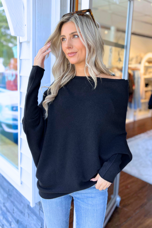 The Kailey Cashmere Blend Asymmetrical Sweater, Black (SHIPS IN 3-4 WEEKS)