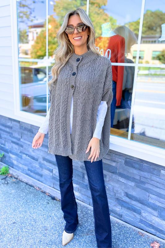 Button Front Cardigan/Poncho, Charcoal  (SHIPS IN 2-3 WEEKS)