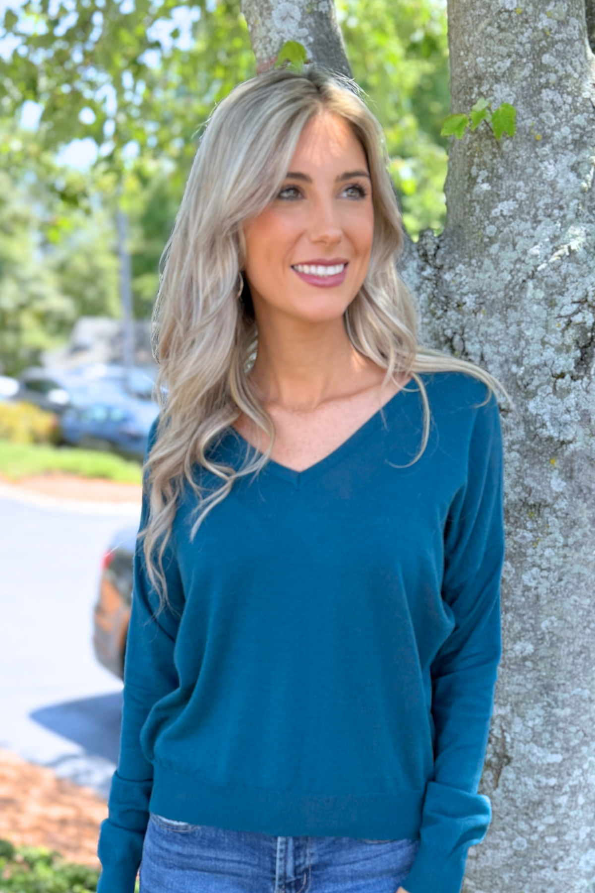 Active Basic | Active USA - Long Sleeve V-neck Back Cross Strap Viscose Sweater, Teal