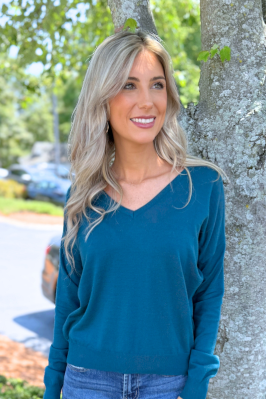 Active Basic | Active USA - Long Sleeve V-neck Back Cross Strap Viscose Sweater, Teal
